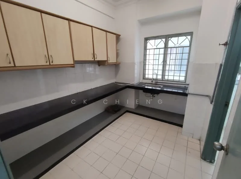 Kitchen features: laminate cabinetry in light wood, black granite countertop, white tiled backsplash, single-bowl stainless-steel sink, chrome faucet, window with grid design, white tiled flooring, built-in shelving above countertop.