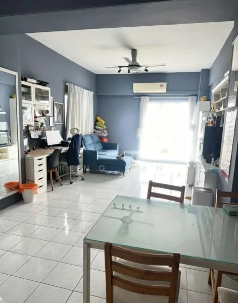 Living features: light blue painted walls, white tiled flooring, 5-blade ceiling fan with light, floor-to-ceiling windows, sheer curtains, sofa chair in blue, glass dining table, wooden dining chairs, built-in shelving unit, air conditioning unit, decorative wall mirror, study desk with computer, waste bin; style: modern.