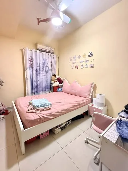 Bedroom features: queen-size bed with pink bedding, light yellow painted walls, white tiled flooring, ceiling fan with light, curtains with a graphic design, decorative wall stickers, stuffed animals on the bed, white bedside table, storage baskets under the bed, study desk with chair; style: modern.
