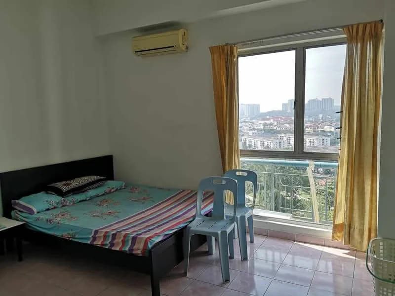 Bedroom features: queen-size bed with floral bedding, 2 plastic chairs, floor-to-ceiling window, curtains in yellow, wall-mounted split AC, pink tiled flooring, decorative throw pillow, view of city skyline; view: city.
