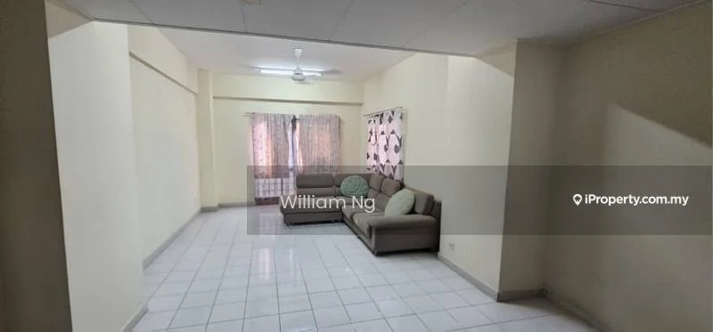 Living features: white painted walls, glossy white tile flooring, 5-blade ceiling fan, large windows with sheer curtains, L-shape sectional sofa in beige, coffee table, area rug, decorative wall with patterned curtains; style: modern.