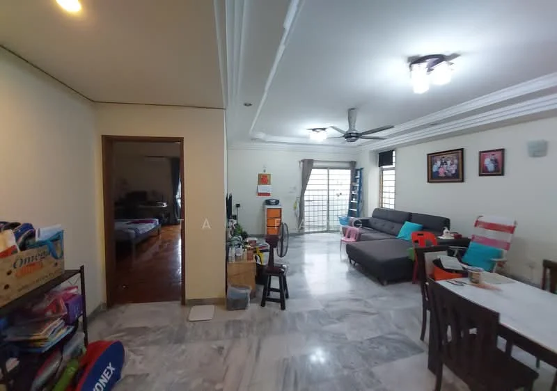 Living features: marble flooring, 5-blade ceiling fan with light, sofa in grey, coffee table, wall-mounted TV, decorative wall with framed photos, large windows with sheer curtains, dining table with chairs, open layout to adjacent room; style: modern. Room features: wooden door, visible bedroom area, open space leading to another room.