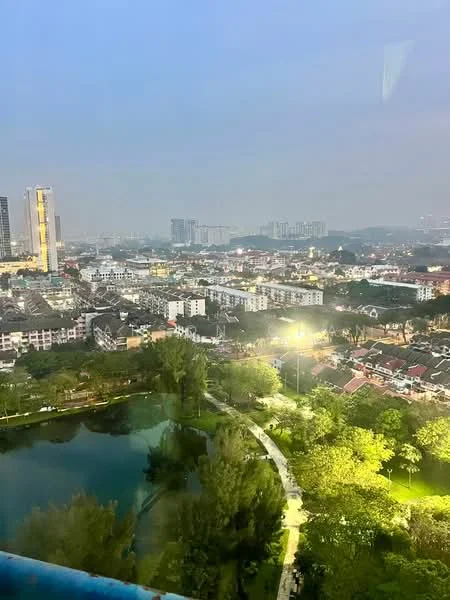 Exterior type: high-rise condominium; features: city skyline view, manicured park with trees, water body, surrounding residential buildings, street lighting, greenery, urban landscape; style: modern.