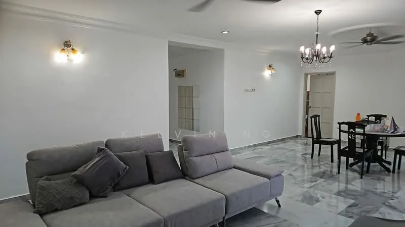 Living features: grey fabric sectional sofa, marble flooring, white painted walls, recessed downlights, chandelier, wall sconces, ceiling fan, dining table with chairs, decorative items on table; style: modern.