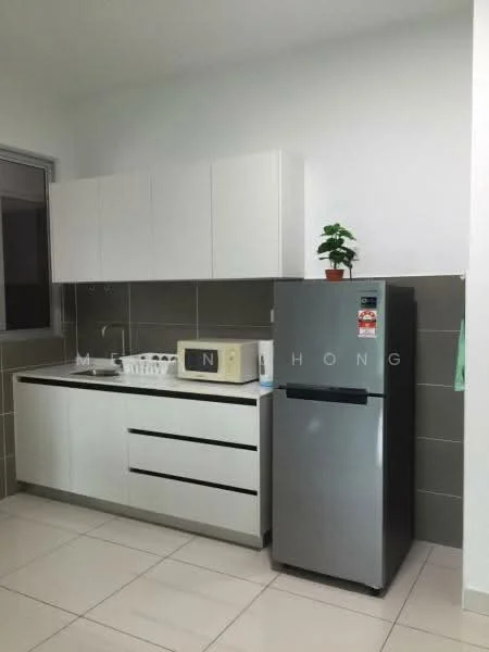 Kitchen features: white cabinetry with flat-panel doors, black countertop, stainless-steel fridge, built-in microwave, dish rack, small potted plant, grey tiled backsplash, glossy white floor tiles; style: modern.