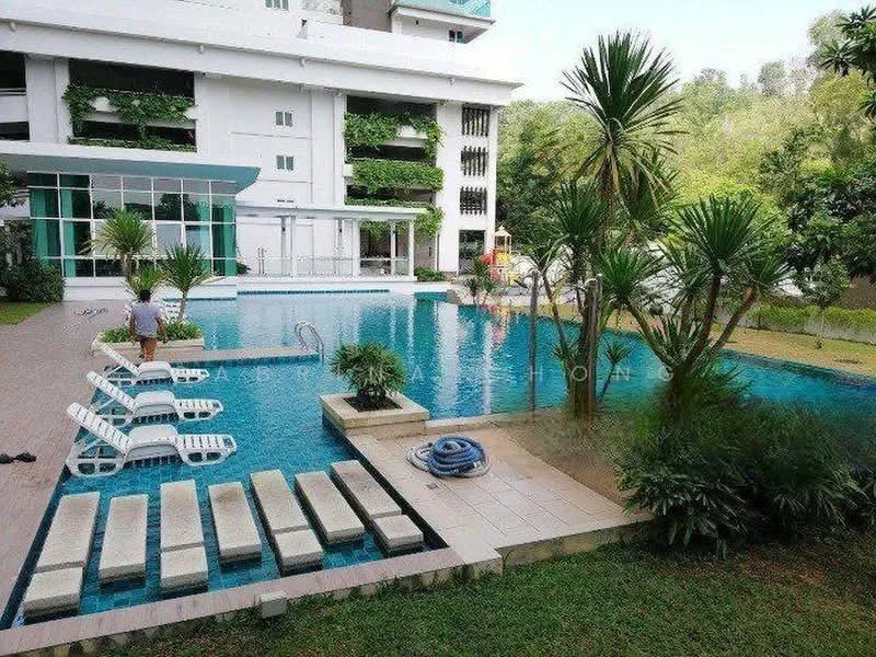 Exterior type: high-rise condominium; features: infinity pool, pool deck with loungers, landscaped garden, manicured lawn, palm trees, glass curtain wall, surrounded by greenery; style: modern.