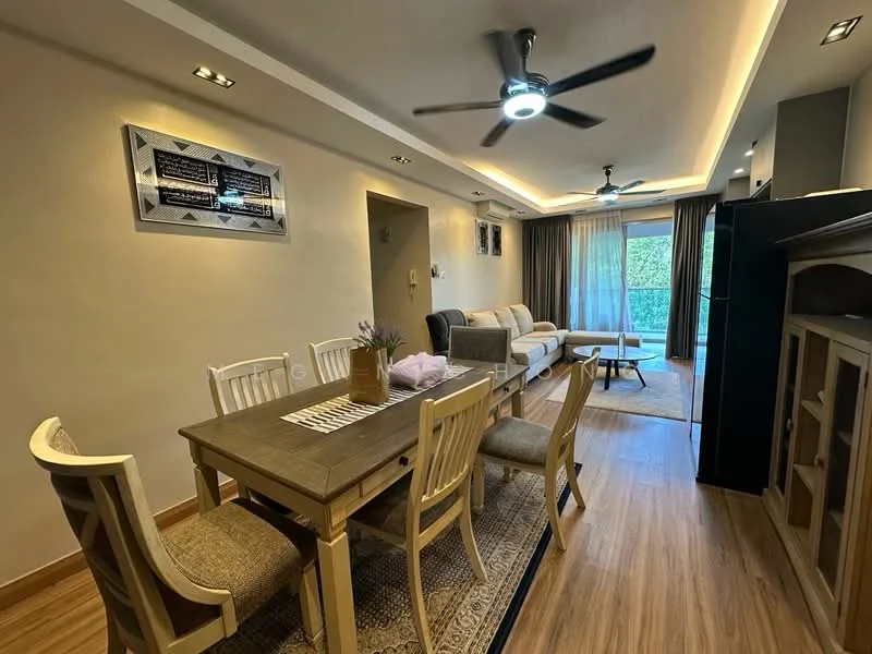 Living features: 3-seater fabric sofa in light grey, 2-seater fabric sofa in light grey, coffee table, area rug with geometric pattern, wall-mounted TV, 5-blade ceiling fan with light, recessed downlights, sliding glass door, curtains, wooden flooring, decorative wall art, dining table with 6 chairs; style: modern; view: garden.