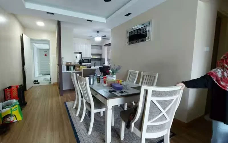 Dining features: 6-seater dining table, upholstered dining chairs, area rug, decorative mirror on wall, wooden flooring, ceiling fan, wall-mounted TV, open layout to kitchen, natural light from windows; style: modern. Room features: white painted walls, wooden flooring, kitchen area visible, hallway leading to other rooms.
