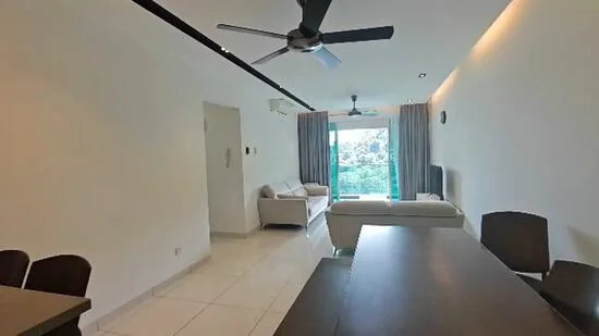 Living features: white painted walls, glossy white tile flooring, 5-blade ceiling fan with light, sofa in light color, floor-to-ceiling windows, curtains, coffee table, dining table with chairs; style: modern; view: garden.