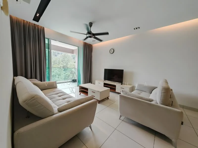Living features: 2-seater fabric sofa in light beige, 3-seater fabric sofa in light beige, coffee table with white surface, TV console with storage, wall-mounted TV, ceiling fan with light, floor-to-ceiling windows, curtains in grey, tile flooring, wall clock, recessed lighting; style: modern; view: garden.
