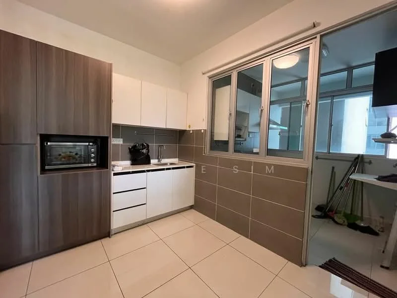 Kitchen features: white cabinetry, dark wood cabinetry, built-in microwave, single-bowl stainless-steel sink, chrome pull-down faucet, ceramic tile backsplash, grey tile flooring, window with sliding glass, recessed downlights, countertop with space for appliances, open shelving, kitchen island, clean lines, modern design; style: modern.