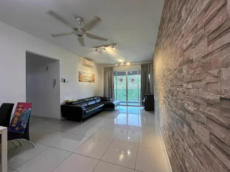 Living features: white painted walls, feature stone accent wall, glossy tile flooring, 5-blade ceiling fan, sofa in black leather, floor-to-ceiling sliding glass door, curtains, recessed lighting, coffee table, TV console; style: modern; view: garden.