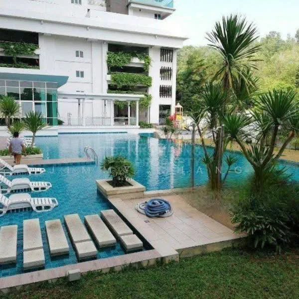 Exterior type: high-rise condominium; features: infinity pool, pool deck with loungers, landscaped garden, tropical landscaping, manicured lawn, glass curtain wall, recessed balconies, surrounded by greenery; style: modern.