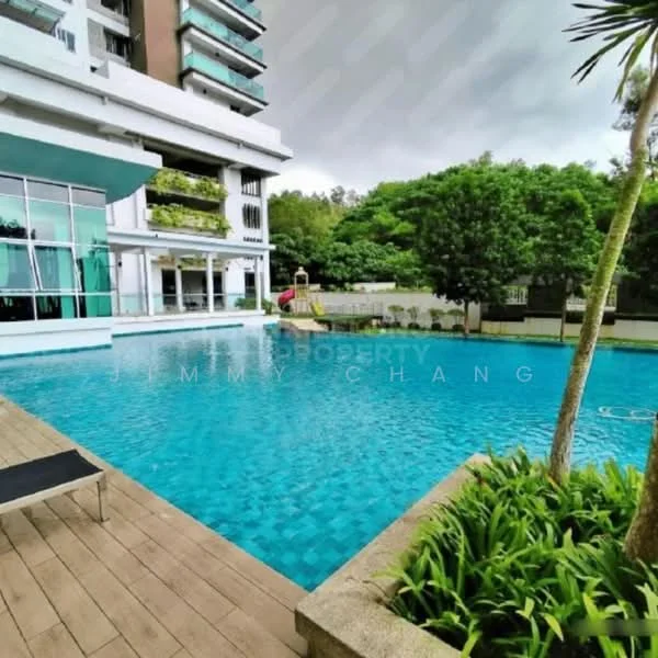 Exterior type: high-rise condominium; features: infinity pool, pool deck with loungers, landscaped garden, glass curtain wall, manicured lawn, surrounded by mature greenery; style: modern.
