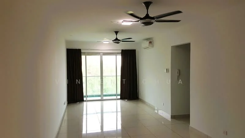 Living features: white painted walls, glossy ceramic tile flooring, 2 ceiling fans, floor-to-ceiling windows, sheer curtains, sliding glass door, air conditioning unit, recessed downlights; style: modern; view: garden.