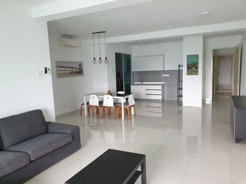 Living features: grey fabric sofa, black coffee table, wall-mounted air conditioning unit, white walls, glossy tile flooring, recessed ceiling lights, decorative artwork on walls; style: modern. Dining features: 6-seater dining table with wooden legs, white plastic dining chairs, pendant lighting above dining table, open kitchen layout, grey cabinetry, stainless-steel appliances, grey tiled backsplash; style: modern.