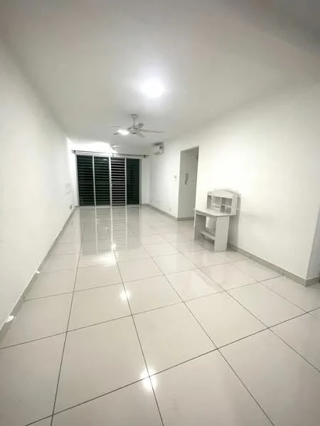 Room features: white painted walls, glossy ceramic tile flooring, 5-blade ceiling fan with light, floor-to-ceiling windows with black frames, sliding glass door, neutral color scheme, built-in shelving unit, recessed downlights; style: modern.