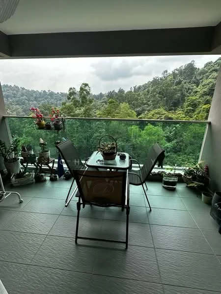 Balcony features: glass railing, outdoor dining table, two chairs, potted plants, greenery view, tiled flooring, decorative items, overhead ceiling, sheltered area; style: modern; view: garden.