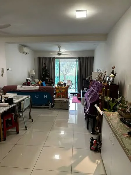 Living features: white painted walls, glossy tile flooring, 5-blade ceiling fan with light, sofa in blue fabric, coffee table, decorative plants, TV console, floor-to-ceiling windows, curtains, area rug, dining table with chairs, decorative artwork, side table, storage cabinet; style: modern; view: garden.