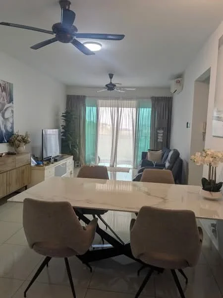 Dining features: 6-seater dining table with marble top, upholstered dining chairs, pendant light, wall-mounted TV, wooden sideboard, large window with sheer curtains, sliding glass door, ceiling fan, decorative plant, area rug; style: modern; view: garden. Living features: 3-seater fabric sofa, armchair, coffee table, TV console, floor-to-ceiling windows, curtains, ceiling fan; style: modern; view: garden.