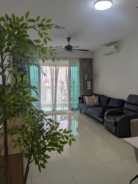 Living features: 3-seater fabric sofa in navy blue, 2-seater recliner sofa in black, ceiling fan with light, wall-mounted split AC, floor-to-ceiling sliding glass door, curtains in light green, tile flooring in white, decorative plant, coffee table, decorative cushions; style: modern; view: garden.