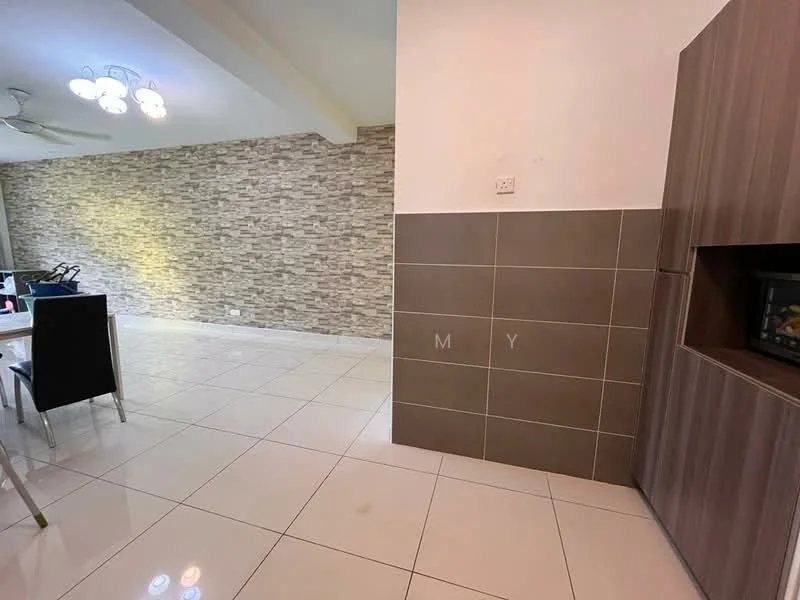 Room features: white painted walls, feature wall with stone cladding, glossy white tile flooring, ceiling with recessed downlights, ceiling fan, built-in cabinetry with wood finish, corner fireplace, dining area with black dining chairs, open layout; style: modern.