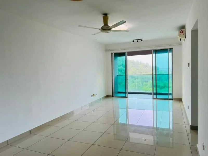 Living features: white painted walls, glossy ceramic tile flooring, 5-blade ceiling fan with light, floor-to-ceiling windows, sliding glass door, greenery view, recessed downlights, wall-mounted split AC; style: modern; view: garden.