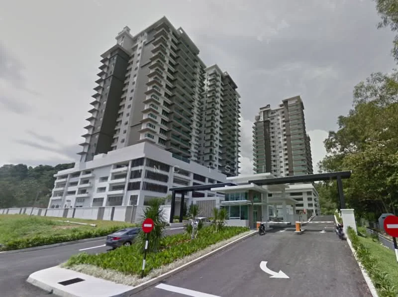 Exterior type: high-rise condominium; features: glass curtain wall, white painted facade, multiple storeys, landscaped entrance, security guard house at entrance, driveway with interlocking pavers, surrounded by greenery, gated entry, parking area visible, modern architectural design; style: modern.