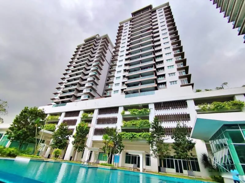 Exterior type: high-rise condominium; features: glass curtain wall, white painted facade, recessed balconies, vertical fins, manicured landscaping, swimming pool, outdoor seating area, tropical landscaping, multiple storeys, large windows; style: modern.