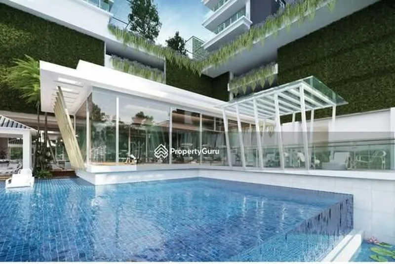 Exterior type: swimming pool deck; features: infinity pool, pool deck with loungers, glass pavilion, green wall with plants, modern architectural design, surrounding greenery, outdoor seating area, water feature, decking around pool, landscaped garden; style: modern.