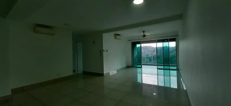 Living features: white painted walls, glossy ceramic tile flooring, 5-blade ceiling fan with light, floor-to-ceiling glass sliding doors, mountain view, 2 wall-mounted split ACs, recessed lighting; style: modern; view: mountain.