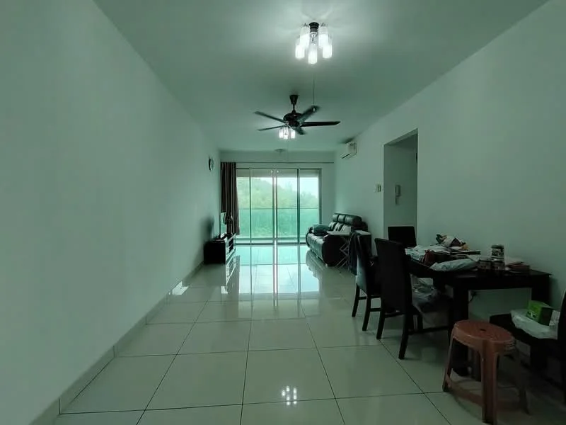 Living features: white painted walls, glossy ceramic tile flooring, 5-blade ceiling fan with light, sliding glass door, floor-to-ceiling windows, black leather sofa, TV console, dining table with chairs, decorative curtains, area rug, wall-mounted air conditioning unit; style: modern; view: garden.