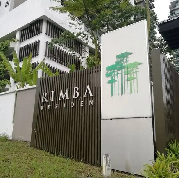 Exterior features: modern facade, greenery landscaping, signage with name 'RIMBA RESIDEN', metal cladding, decorative tree graphic, manicured lawn, surrounding plants; style: modern.