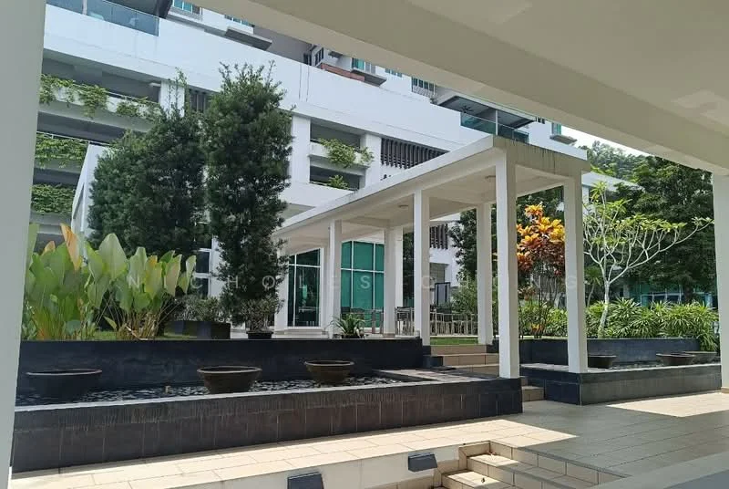 Exterior type: landscape garden; features: water feature with stone cladding, paved walkway, manicured landscaping, tropical plants, trees with lush foliage, covered pavilion, planters with greenery, modern architectural elements; style: modern.