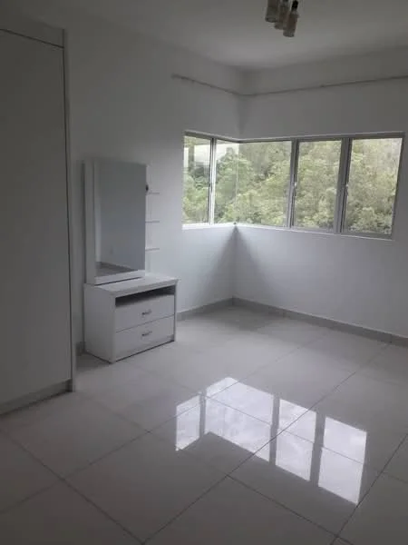 Bedroom features: white painted walls, glossy ceramic tile flooring, floor-to-ceiling windows, built-in wardrobe, white dresser with mirror, natural light from windows, view of greenery, ceiling light fixture; style: modern; view: garden.