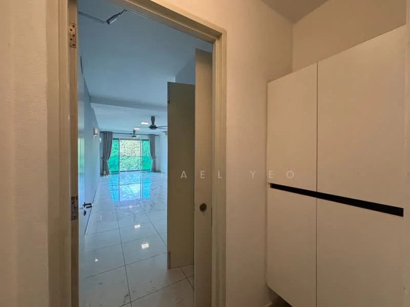 Room features: white painted walls, glossy tile flooring, recessed downlights, ceiling fan, large windows, sliding glass door, built-in cabinets, curtains; style: modern; view: garden.