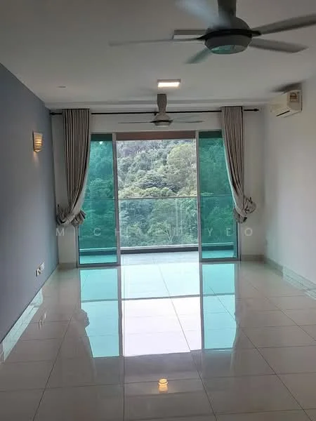 Living features: white painted walls, glossy tile flooring, 5-blade ceiling fan with light, floor-to-ceiling sliding glass door, sheer curtains, mountain view, recessed downlights, air conditioning unit; style: modern; view: mountain.