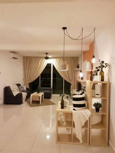 Living features: white painted walls, polished ceramic tile flooring, 5-blade ceiling fan with light, sofa in dark grey, 2-seater fabric sofa, coffee table, area rug with geometric pattern, shelving unit with decorative items, floor-to-ceiling windows, sheer curtains, hanging pendant lights; style: modern; view: garden.