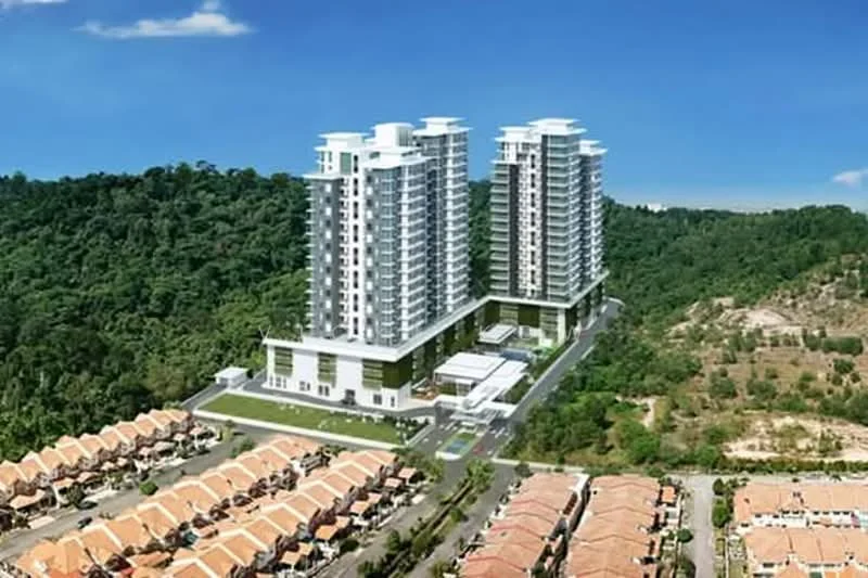 Exterior type: high-rise condominium; features: glass curtain wall, white painted facade, multiple balconies, surrounded by greenery, landscaped grounds, parking area, swimming pool deck, children's playground, jogging track, multi-storey car park; style: modern.
