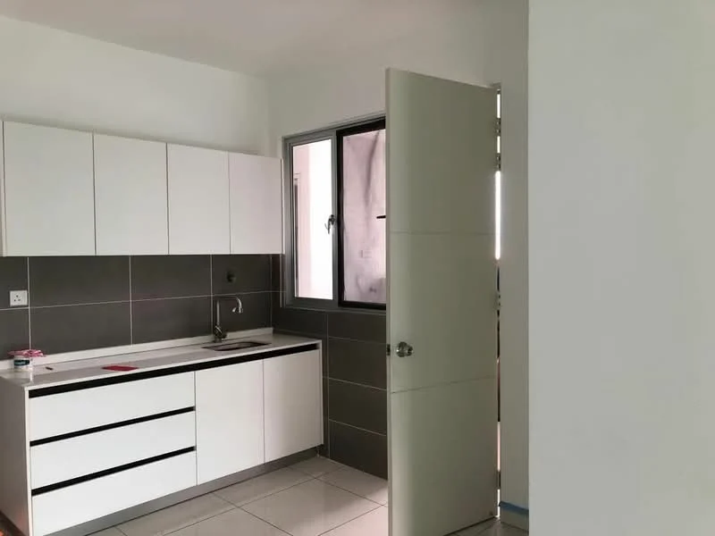 Kitchen features: white cabinetry with flat-panel doors, grey tiled backsplash, single-bowl stainless-steel sink, chrome pull-down faucet, grey countertop, built-in oven, ceramic tile flooring, window with view to outside, door leading to another room; style: modern.