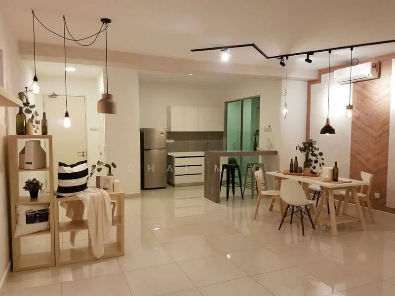 Living features: white painted walls, glossy tile flooring, recessed downlights, pendant lighting, 3-seater fabric sofa in white, decorative throw pillows, wooden shelving unit, dining table with 4 chairs, stainless-steel fridge, kitchen island with grey countertop, green accent wall, air conditioning unit; style: modern.