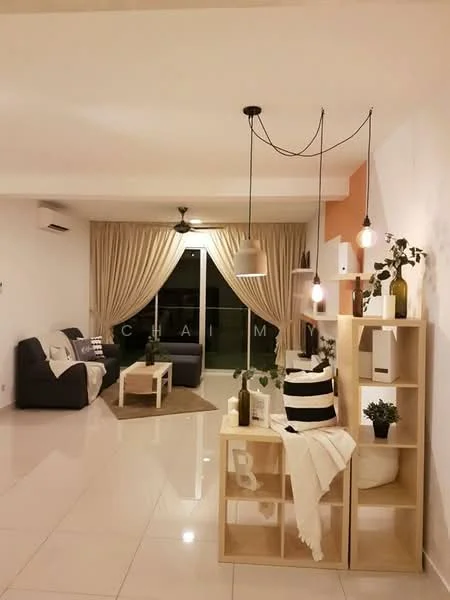 Living features: 3-seater fabric sofa in dark grey, 2-seater fabric sofa in light grey, coffee table, area rug, floor-to-ceiling windows, sheer curtains, ceiling fan, hanging pendant lights, decorative shelving unit, houseplants in ceramic pots, decorative throw blanket, wall-mounted air conditioning unit, accent wall in orange; style: modern; view: garden.