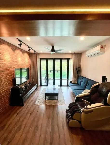 Living features: exposed brick wall, wooden flooring, 5-blade ceiling fan with light, recessed LED downlights, sofa in blue fabric, recliner chair in cream, coffee table, TV console, wall-mounted TV, floor-to-ceiling windows, sheer curtains, balcony view; style: modern; view: garden.
