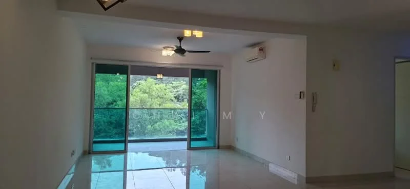 Living features: white painted walls, polished marble flooring, 5-blade ceiling fan with light, floor-to-ceiling sliding glass door, greenery view through glass door, wall-mounted split AC; style: modern; view: garden.