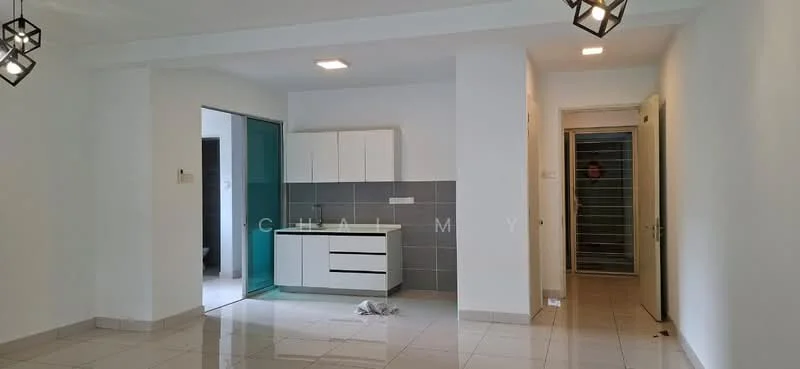 Kitchen features: white cabinetry, grey tiled backsplash, single-bowl stainless-steel sink, chrome pull-down faucet, built-in oven, freestanding range oven, ceramic tile flooring, recessed downlights; style: modern. Living features: white painted walls, ceramic tile flooring, 2 pendant lights, open layout, sliding glass door, natural light from window; style: modern.