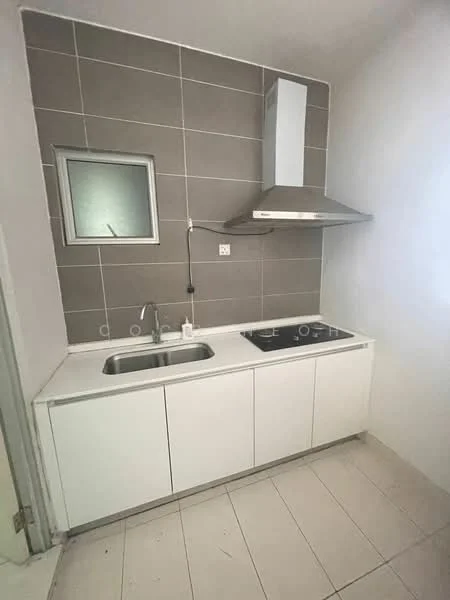 Kitchen features: single-bowl stainless-steel sink, chrome pull-down faucet, white cabinetry, grey tiled backsplash, built-in stove, stainless-steel range hood, white countertop, ceramic tile flooring, window above sink; style: modern.