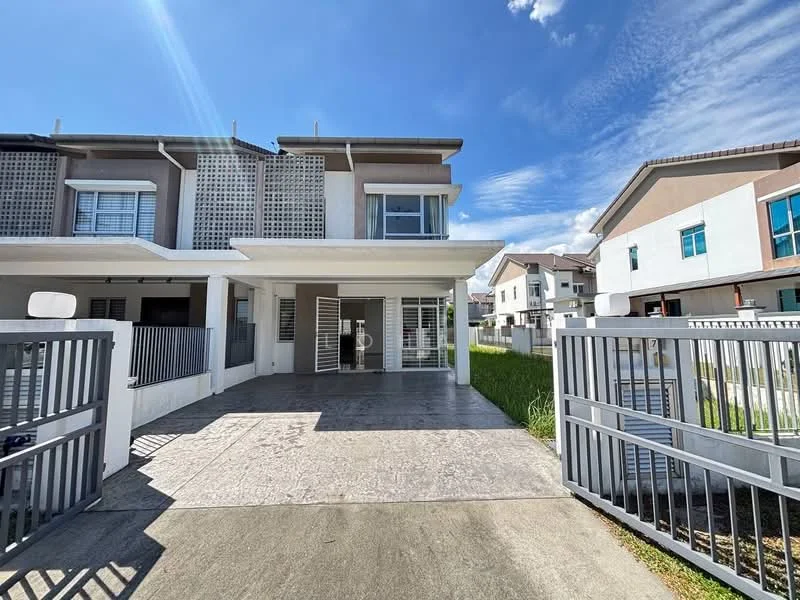 Exterior type: linked terrace house; features: white painted facade, grey accent wall, flat roof, manicured lawn, paved driveway, security gate, surrounded by greenery, two-storey structure, balcony on upper floor, large windows, front porch area; style: modern.