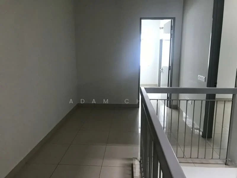 Room features: light grey painted walls, white ceiling, ceramic tile flooring, metal railing, doorway leading to another room, natural light from window, neutral color scheme; style: modern.