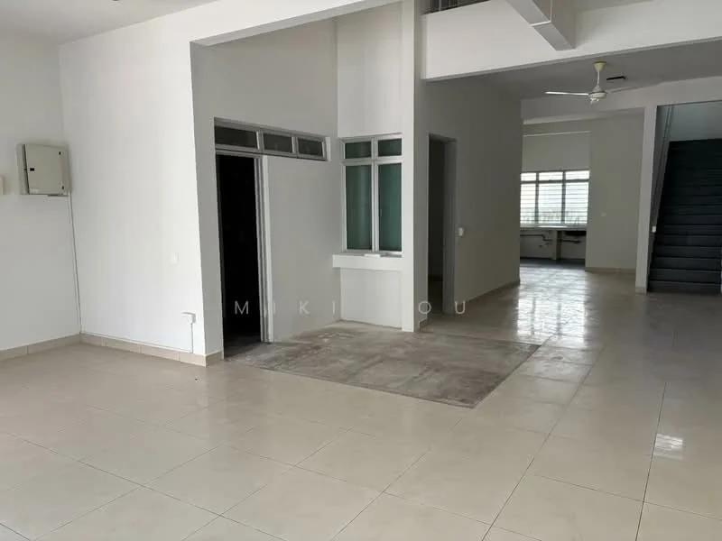 Room features: white painted walls, tile flooring, large windows, ceiling fan, open layout, doorway leading to another room, staircase visible in background, natural light from windows; style: modern.