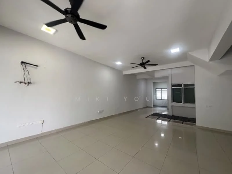 Living features: white painted walls, glossy ceramic tile flooring, 2 ceiling fans, recessed LED downlights, large windows, neutral color scheme, open layout, corner space with natural light; style: modern.